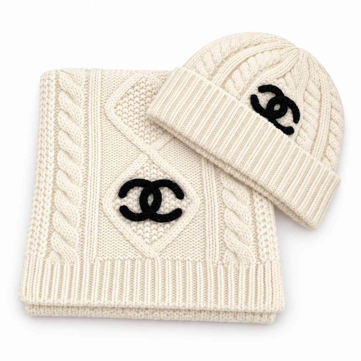 Chanel Style Rib-Knit Scarf and Beanie Set