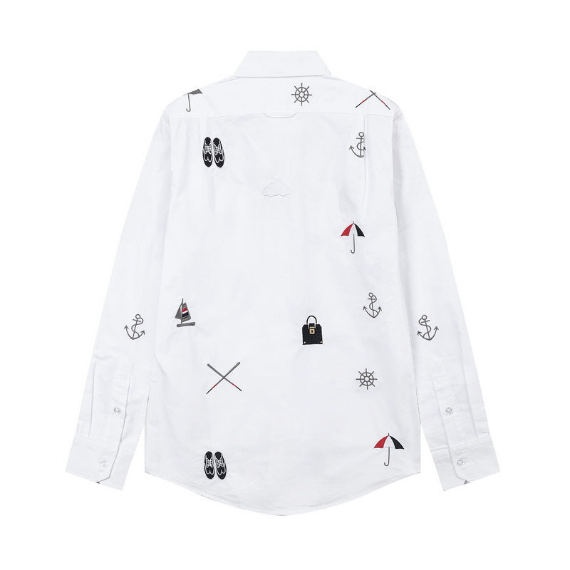 Men's Nautical Print Long-Sleeve Shirt — White & Blue | Thom Browne