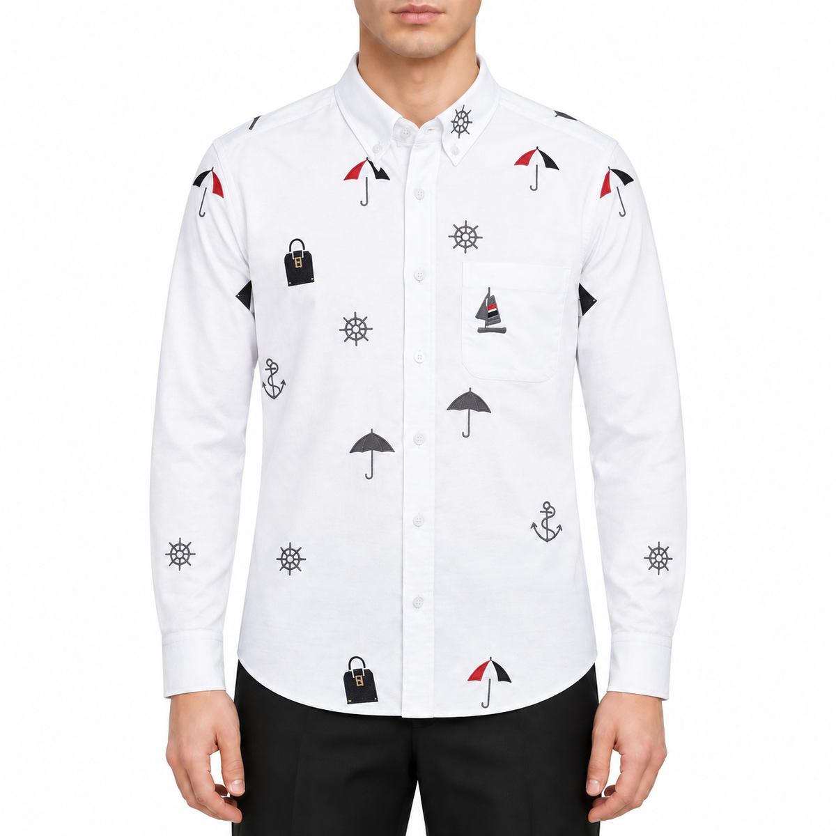 Men's Nautical Print Long-Sleeve Shirt — White & Blue | Thom Browne