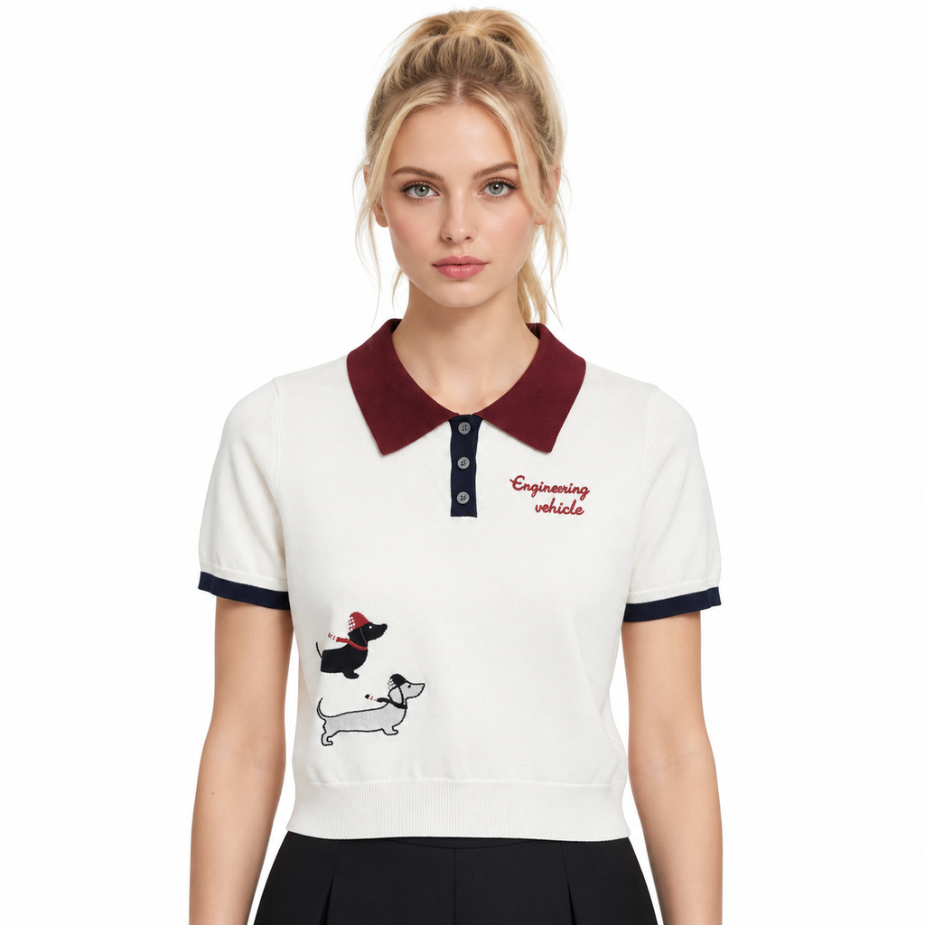 New Puppy-Embroidered Knitted T-Shirt