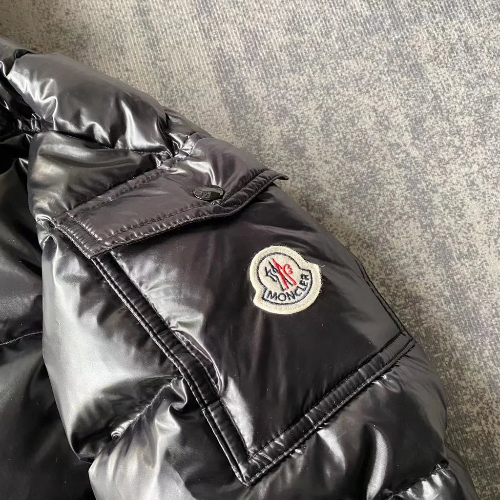 Moncler Black Glossy Hooded Puffer Jacket with Sleeve Pocket