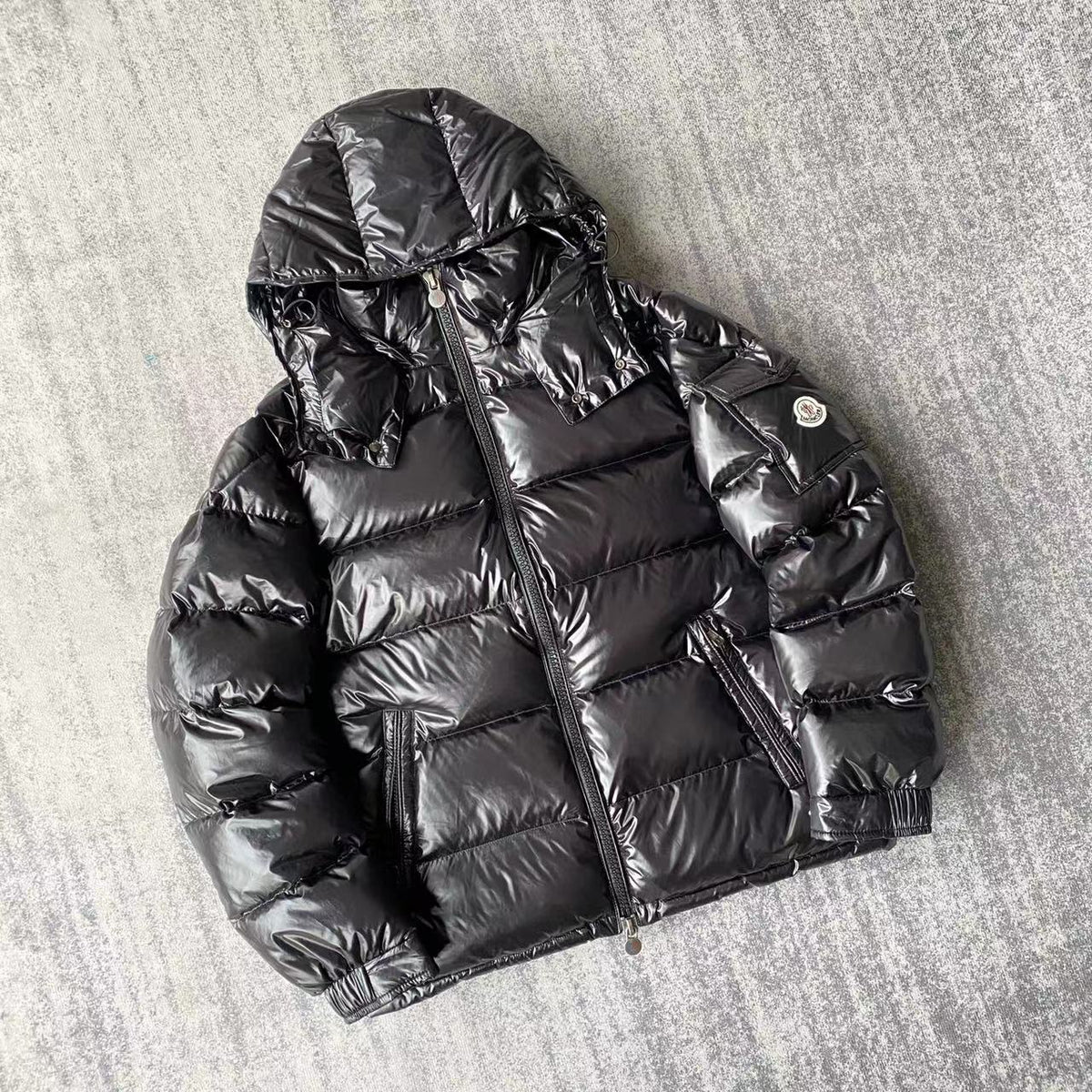 Moncler Black Glossy Hooded Puffer Jacket with Sleeve Pocket