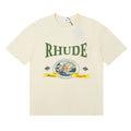 Rhude Retro Globe Badge Green Letter Cream Oversized T‑Shirt