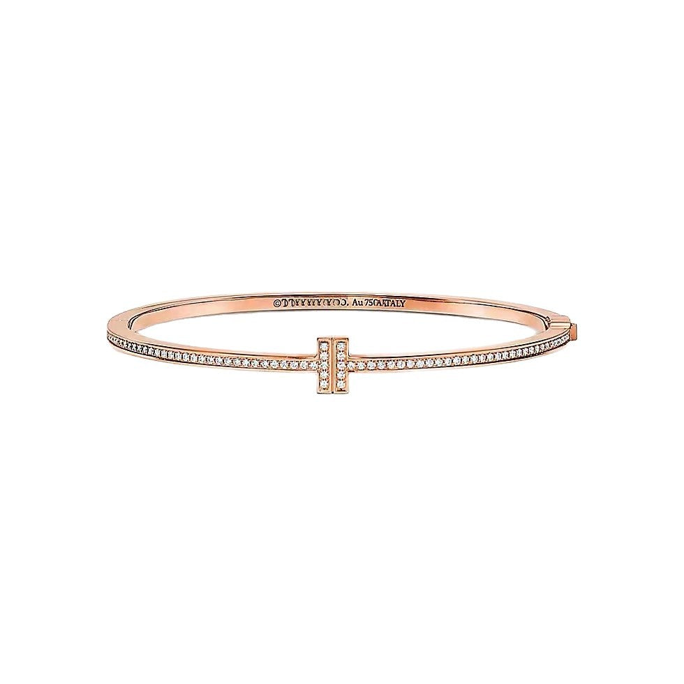 Tiffany Style T Motif Cubic Zirconia 18K Gold-Plated Bangle