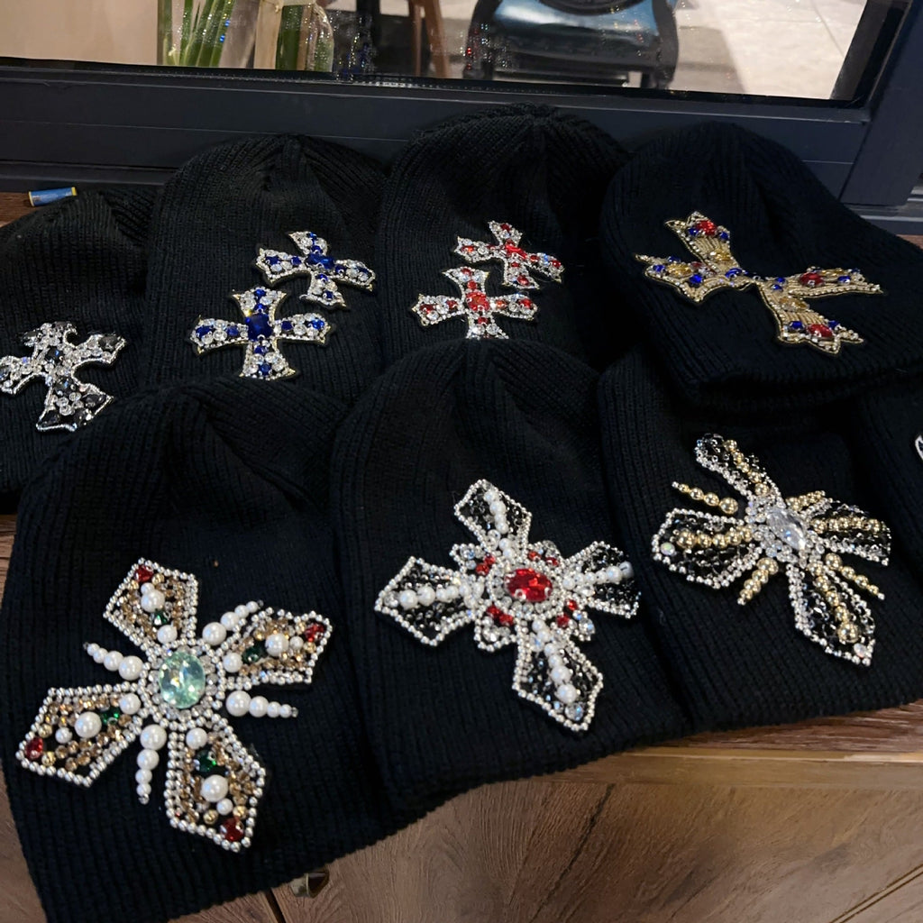 Rhinestone Cross Gem Knit Beanie Multi‑Style Streetwear Unisex