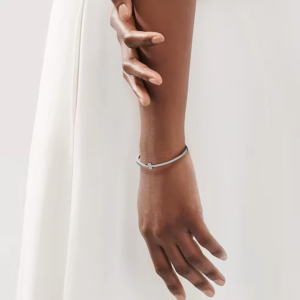 Tiffany Style T Motif Cubic Zirconia 18K Gold-Plated Bangle