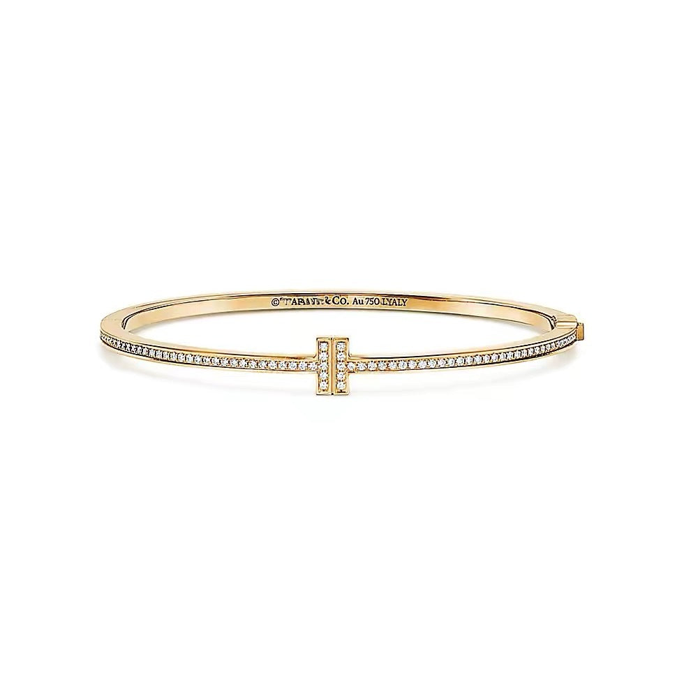 Tiffany Style T Motif Cubic Zirconia 18K Gold-Plated Bangle