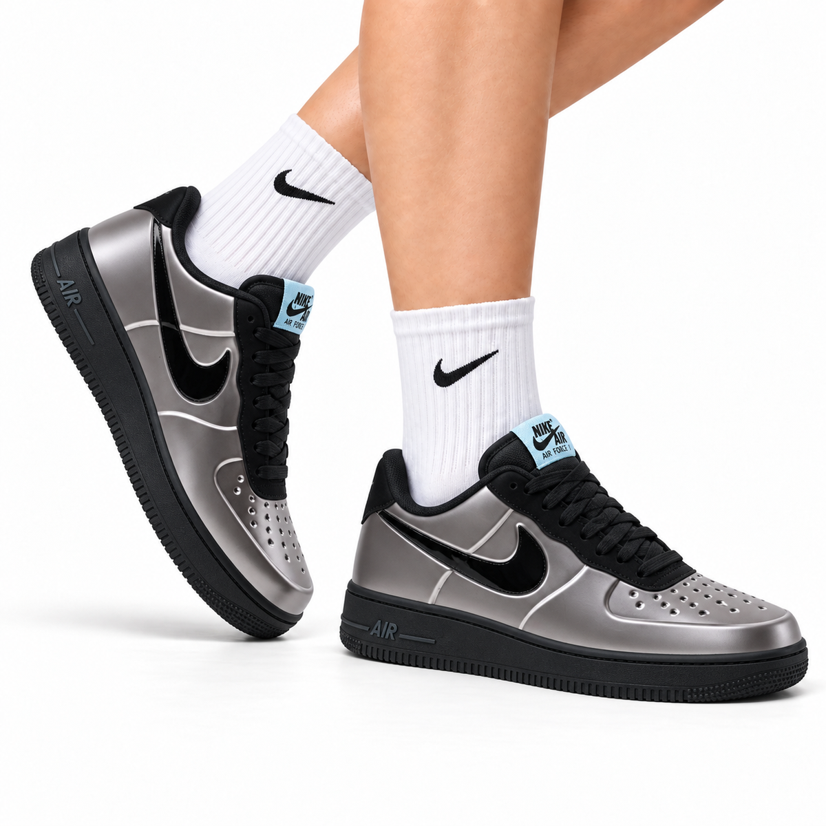 Nike Air Force 1 Low Black Silver Metallic Unisex Sneakers Style 04