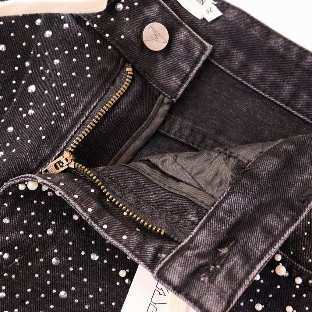 VALE Pearl-Studded Washed Denim Shorts