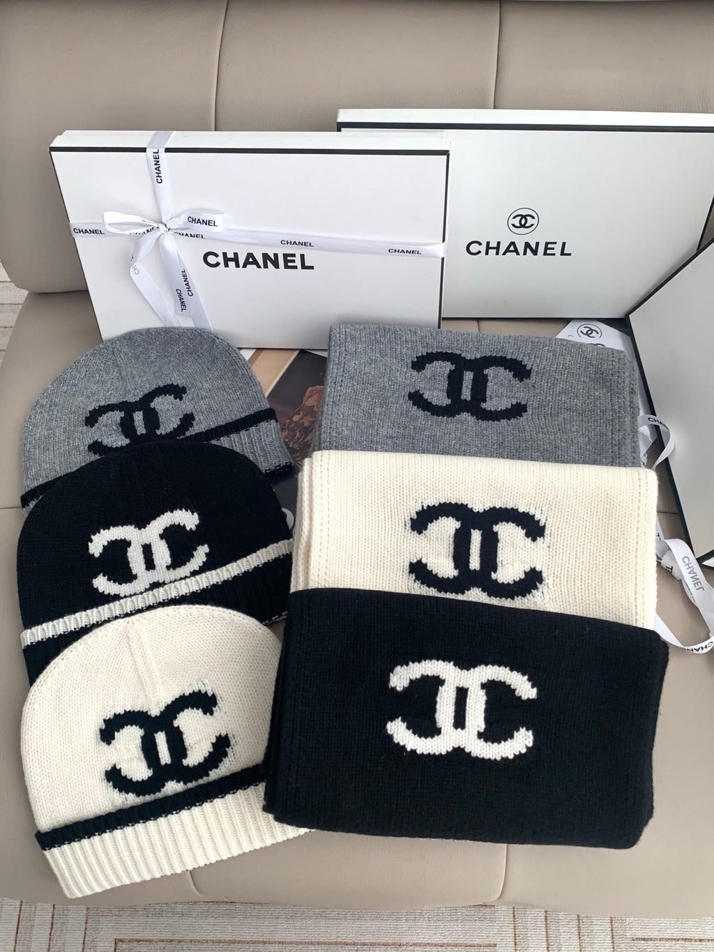 Chanel Style Logo Knit Scarf and Beanie Set