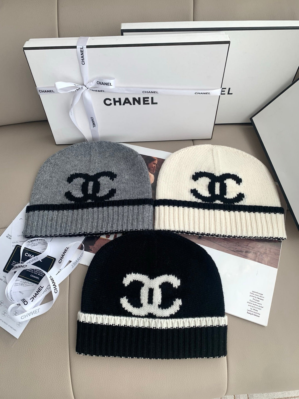 Chanel Style Logo Knit Scarf and Beanie Set