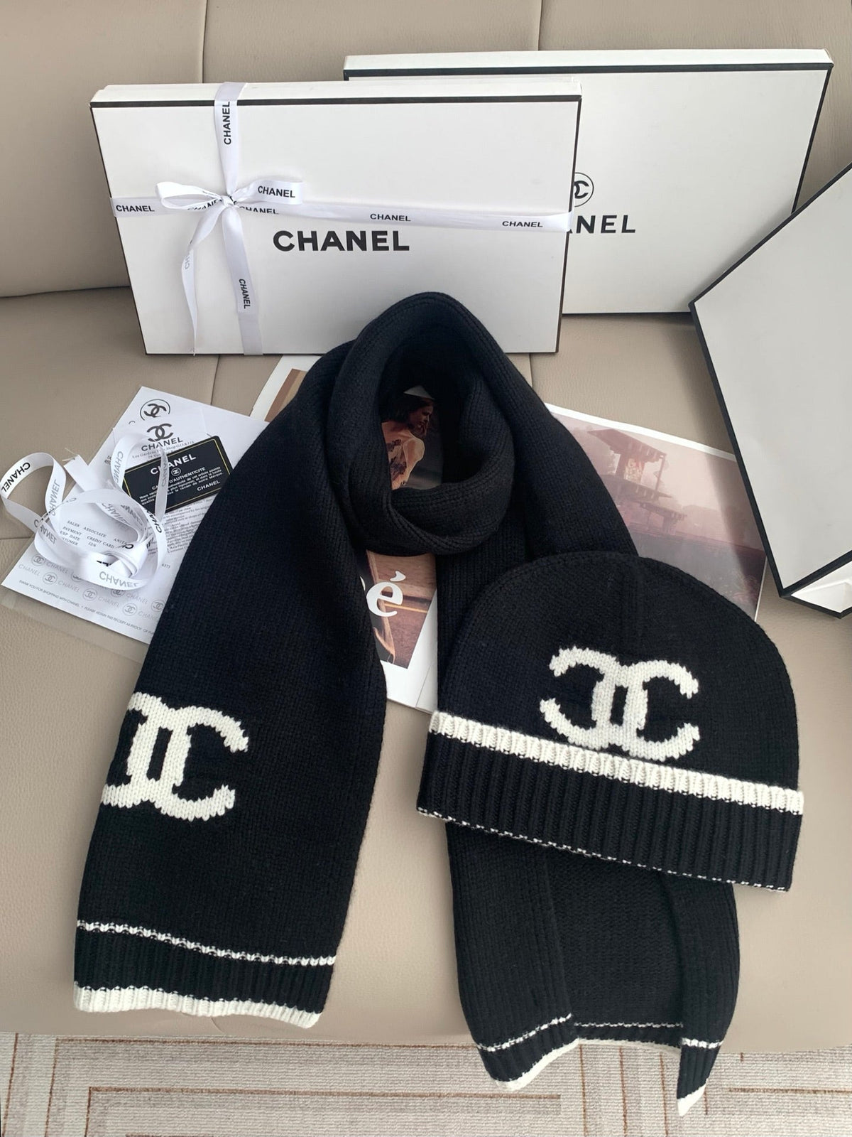 Chanel Style Logo Knit Scarf and Beanie Set
