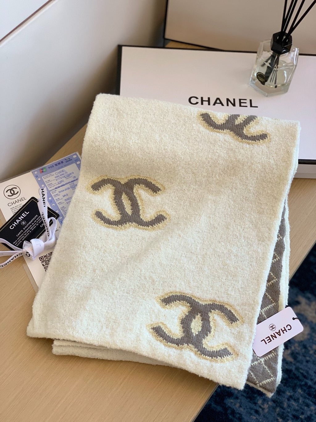 Chanel Style Reversible Plush Diamond Logo Scarf