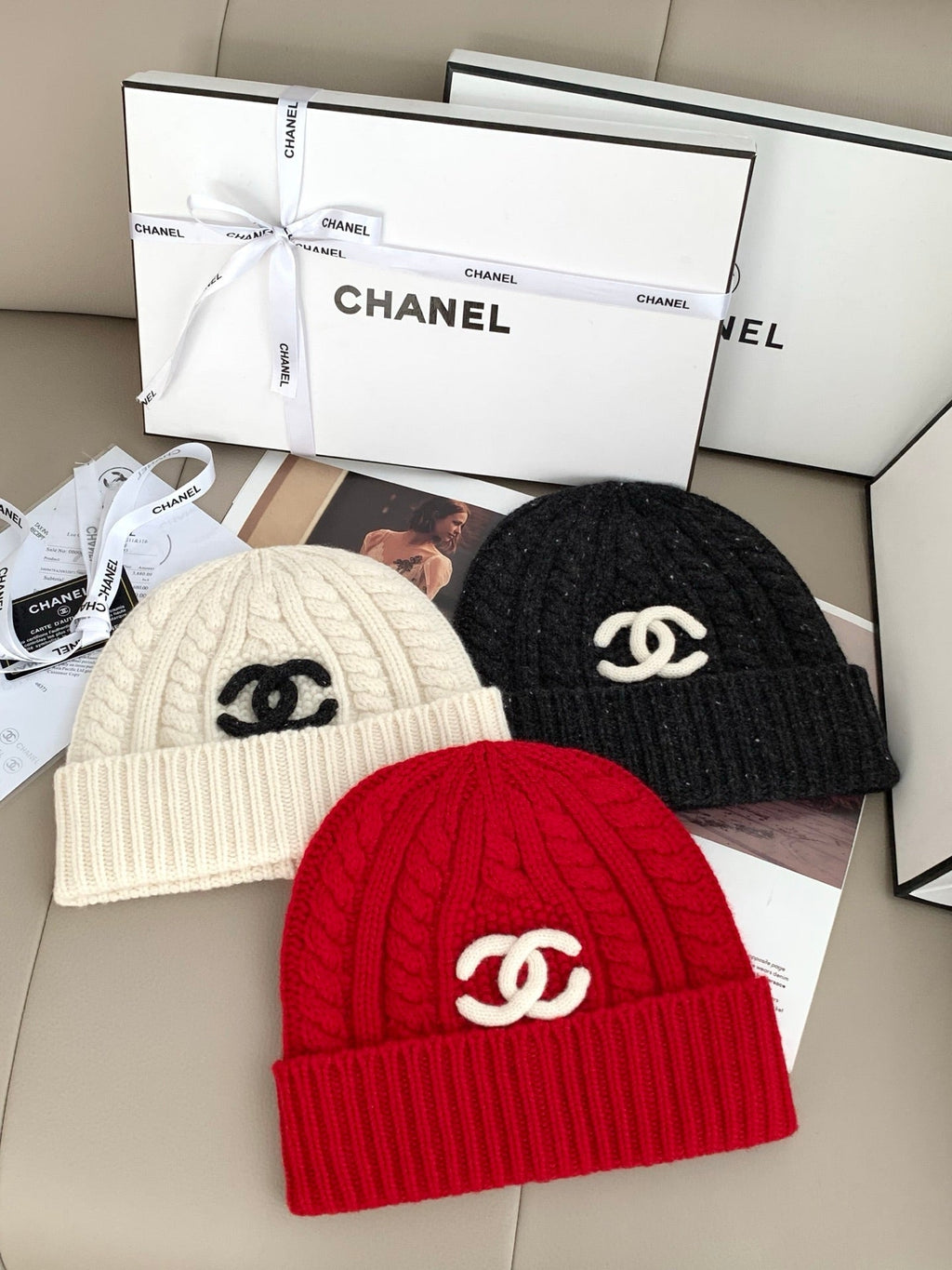 Chanel Style Rib-Knit Scarf and Beanie Set