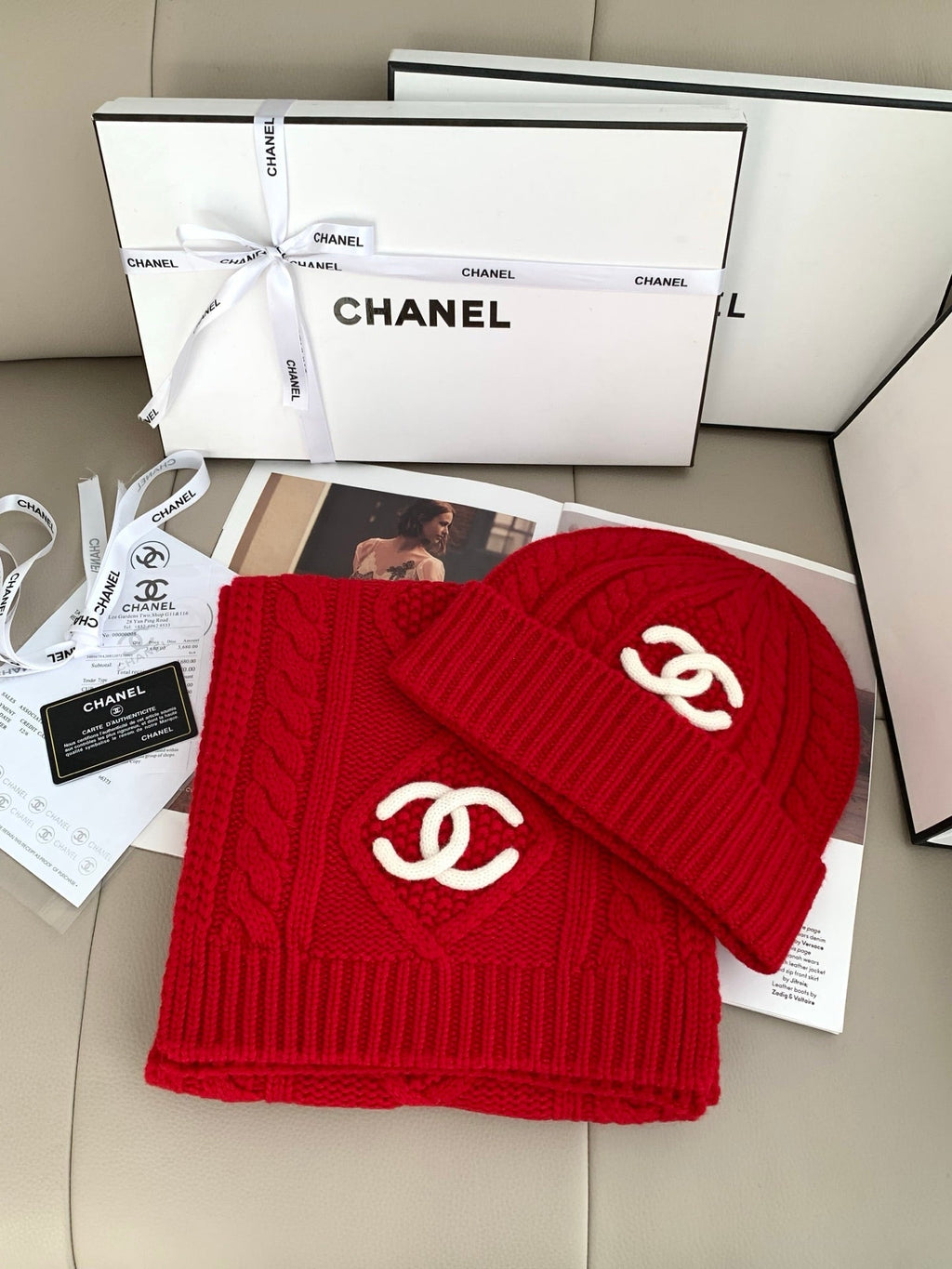 Chanel Style Rib-Knit Scarf and Beanie Set