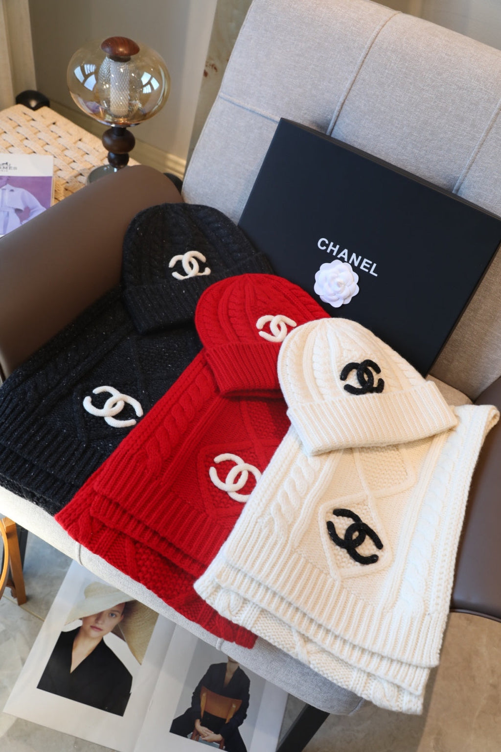 Chanel Style Rib-Knit Scarf and Beanie Set