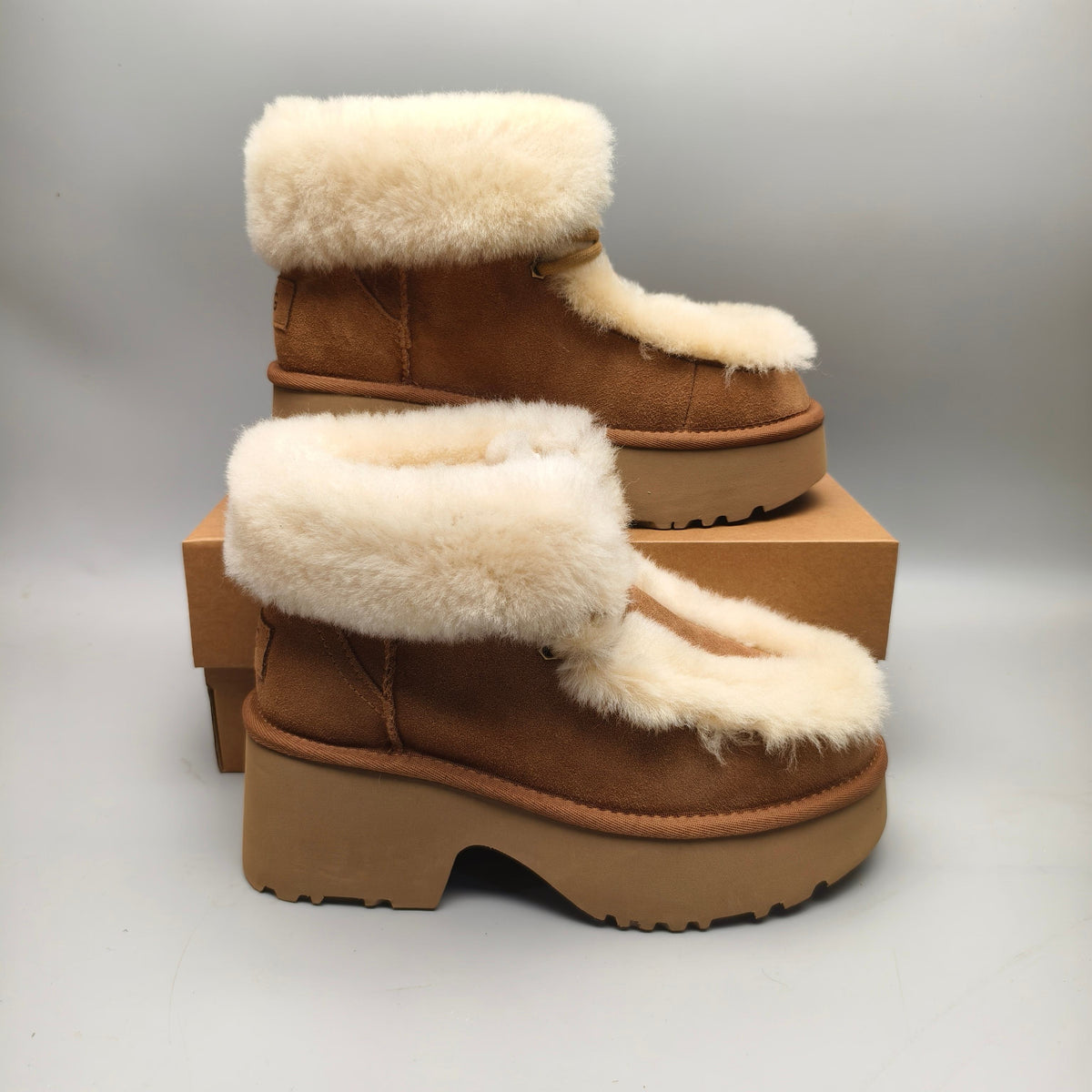 Chestnut Fluffy Lace-Up Wedge Ankle Boots — New Arrival | In Stock