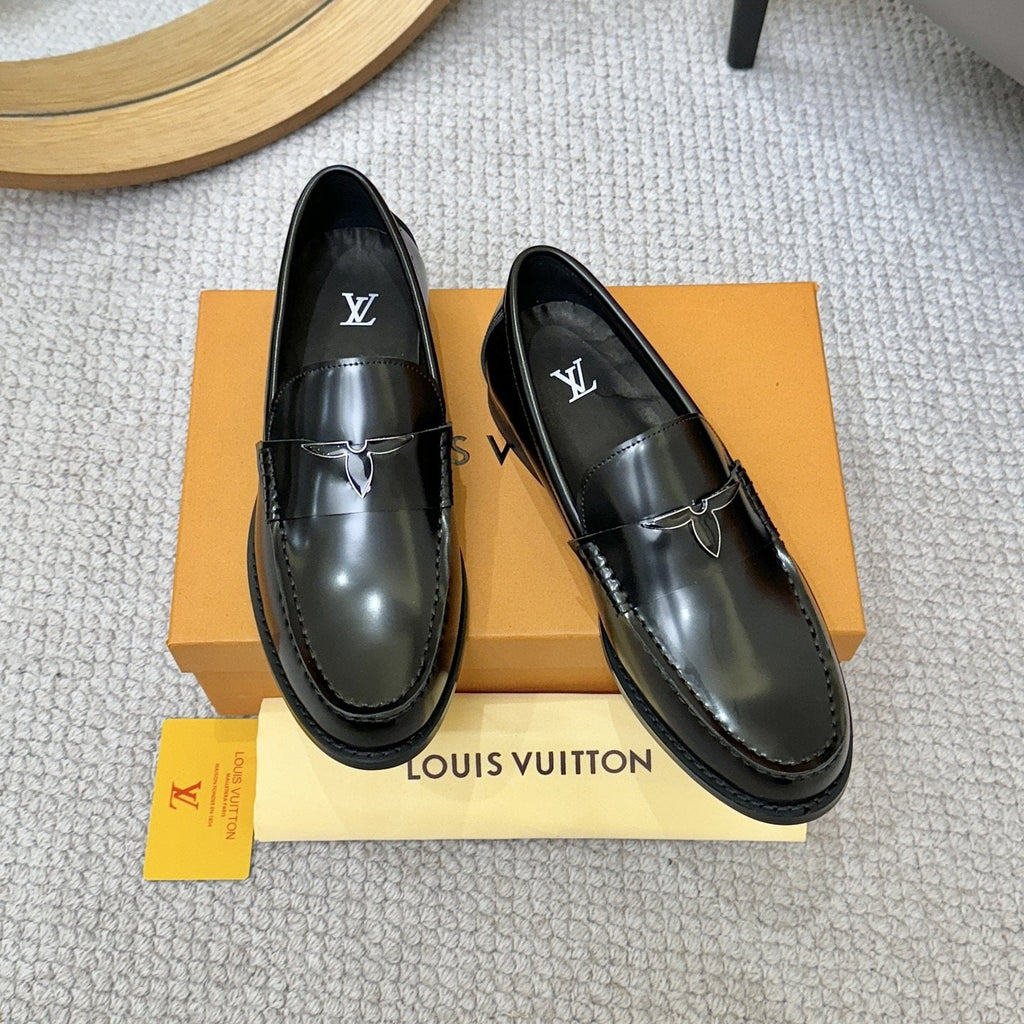 Louis Vuitton Men's Black Leather Loafers - Slip-On Design