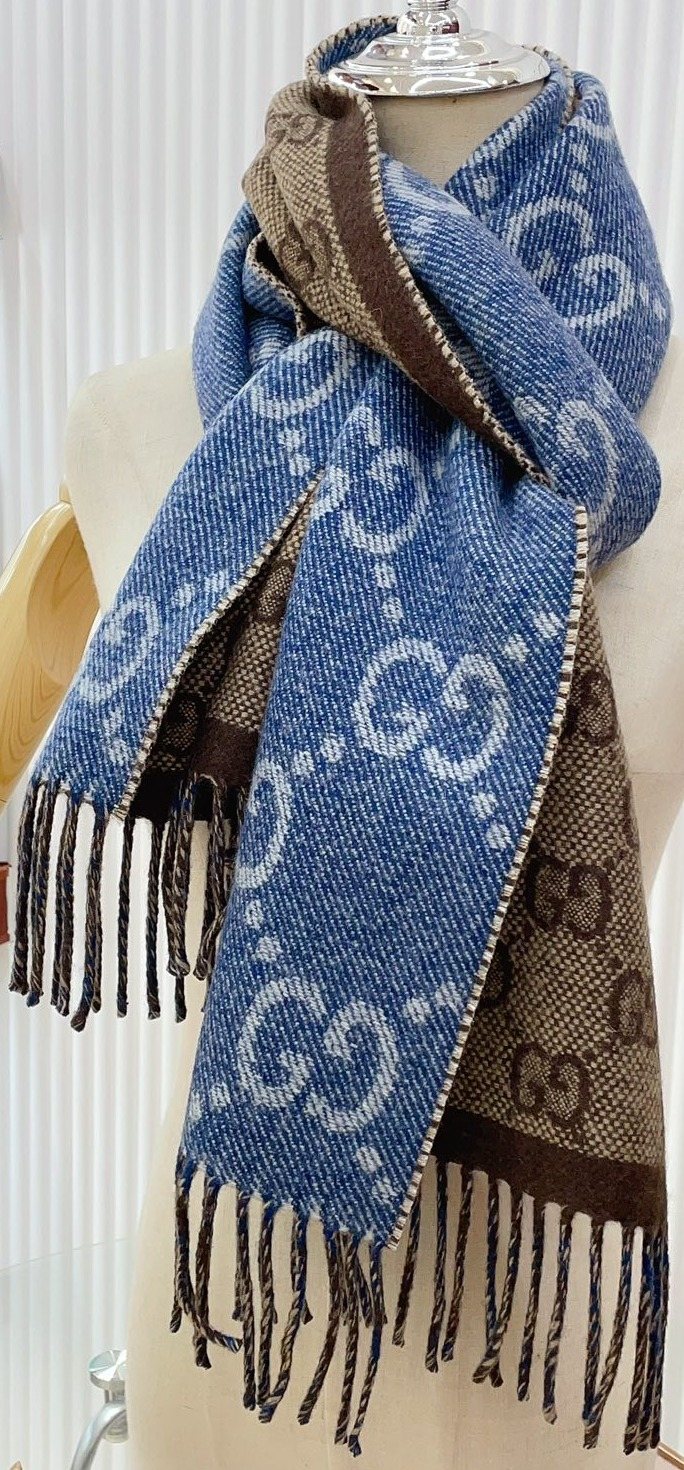 Gucci Blue & Brown Reversible Fringed Scarf