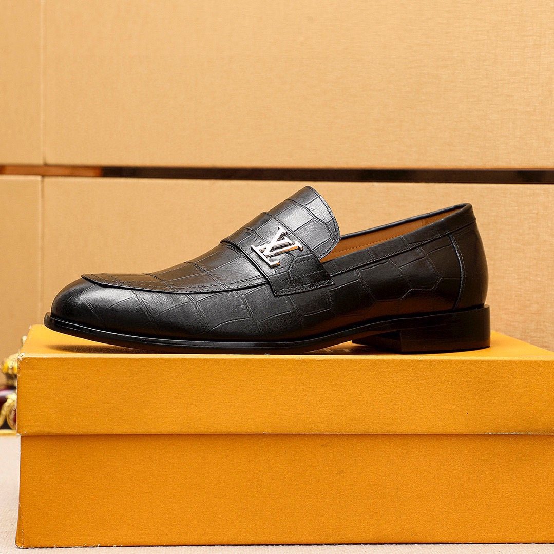 Louis Vuitton Black Embossed Loafers - Metal Vamp Hardware