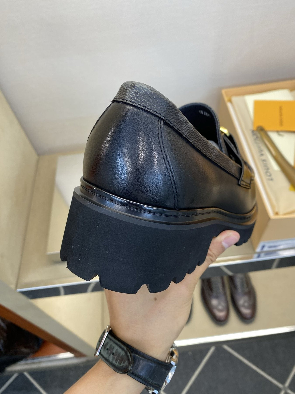 Louis Vuitton Men's Black Monogram Lug Sole Loafers - Moc-Toe Stitching