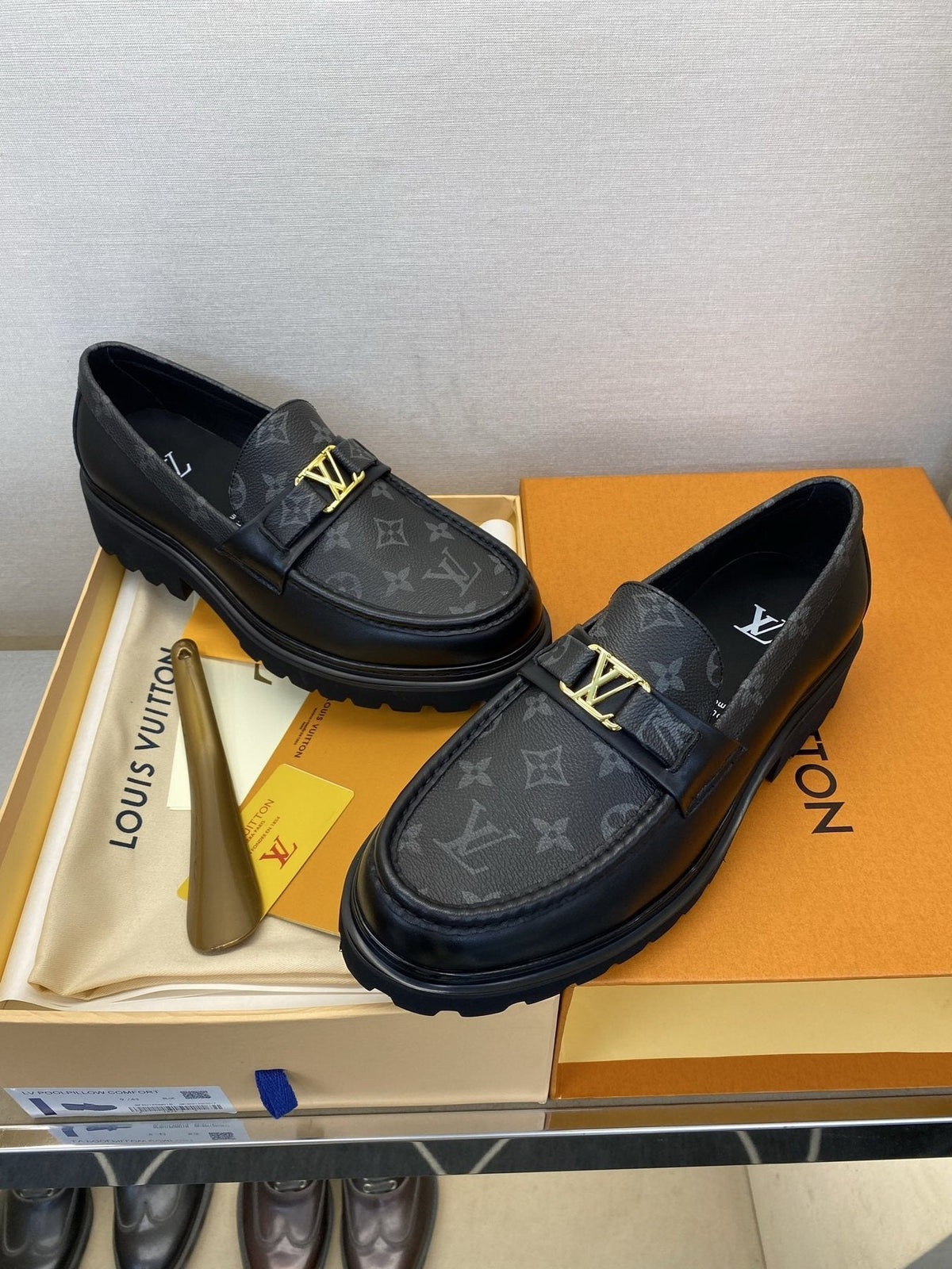 Louis Vuitton Men's Black Monogram Lug Sole Loafers - Moc-Toe Stitching