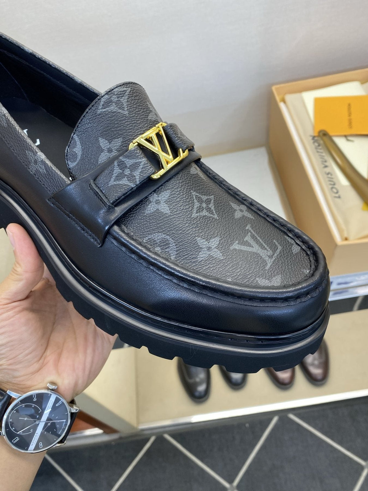 Louis Vuitton Men's Black Monogram Lug Sole Loafers - Moc-Toe Stitching