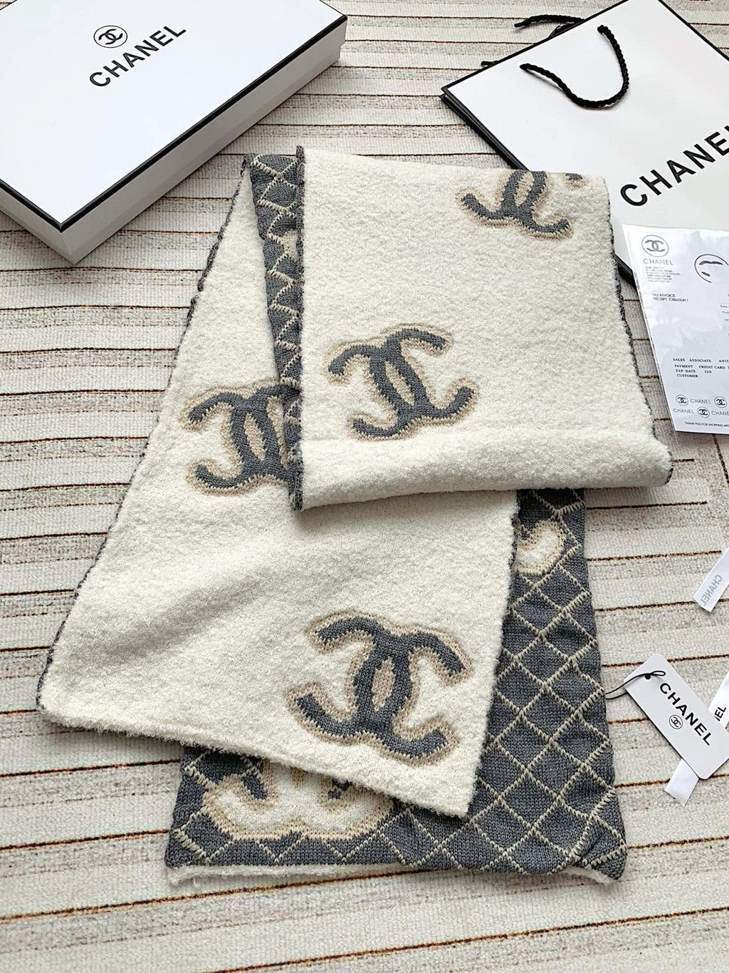 Chanel Gray & Ivory Diamond-Pattern Scarf