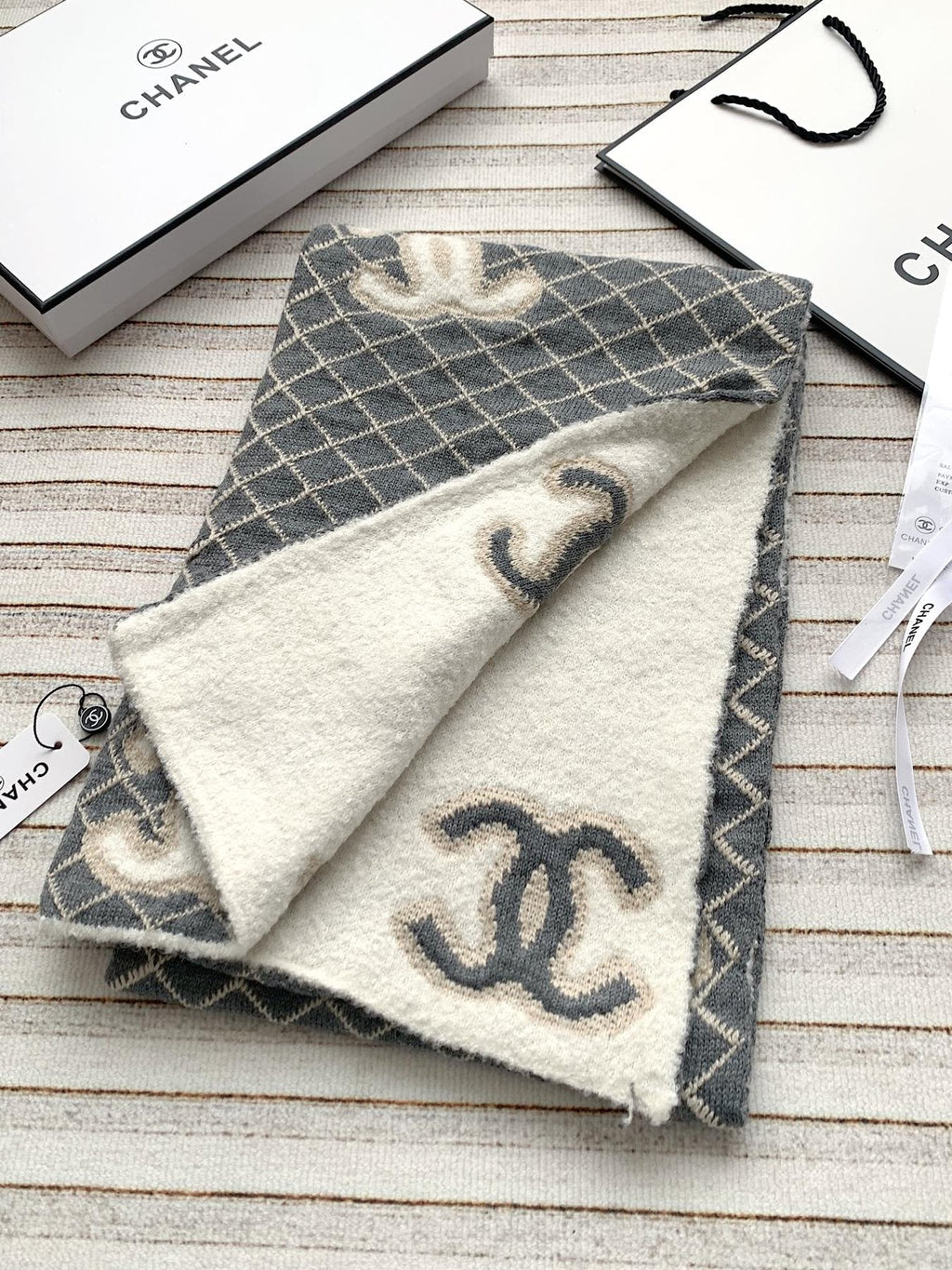 Chanel Gray & Ivory Diamond-Pattern Scarf