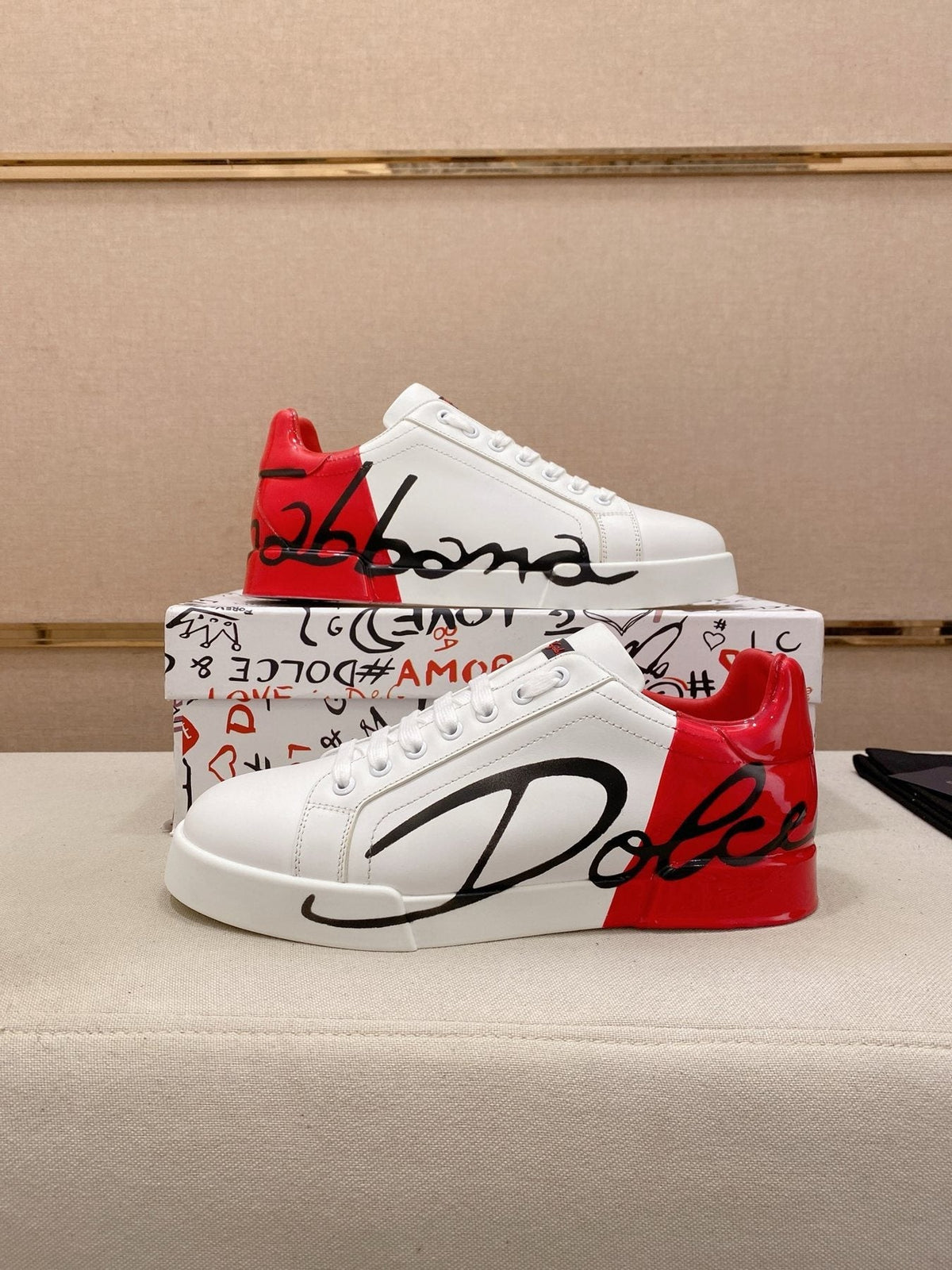 Dolce & Gabbana Men's Graphic Heel Low-Top Sneakers - White, Red & Black