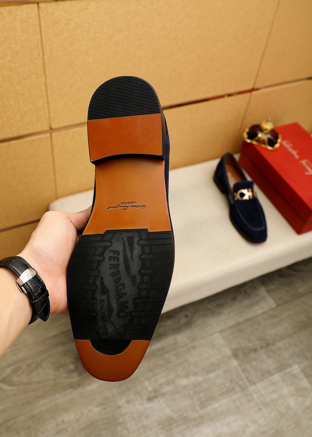 Ferragamo Navy Blue Hardware Loafers