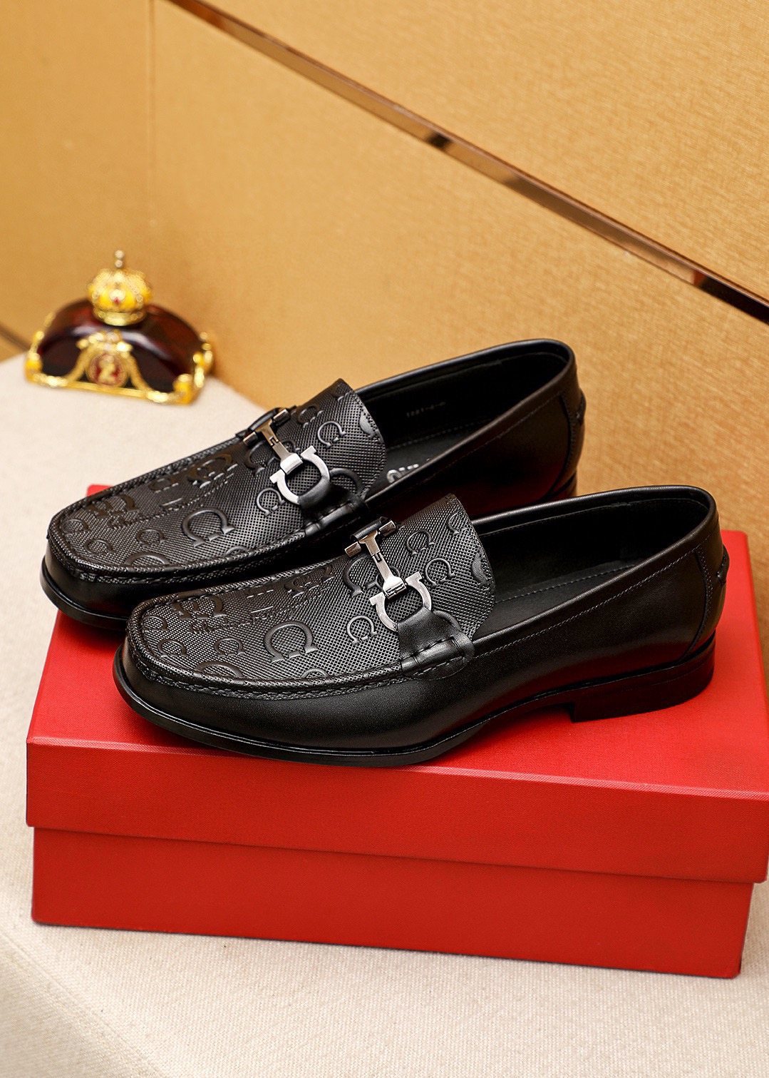 Ferragamo Men's Black Embossed Buckle Loafers - Metal Buckle Detail