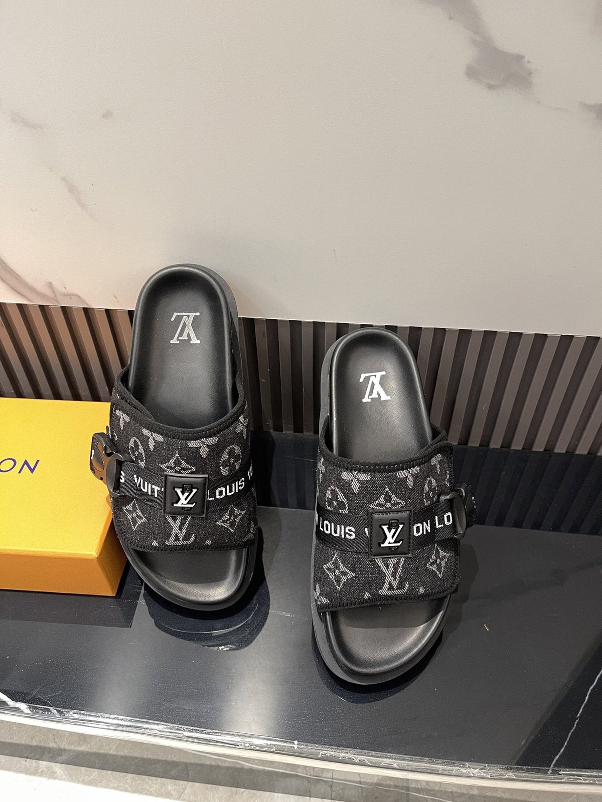 Louis Vuitton Black Monogram Slide Sandals - Open Toe