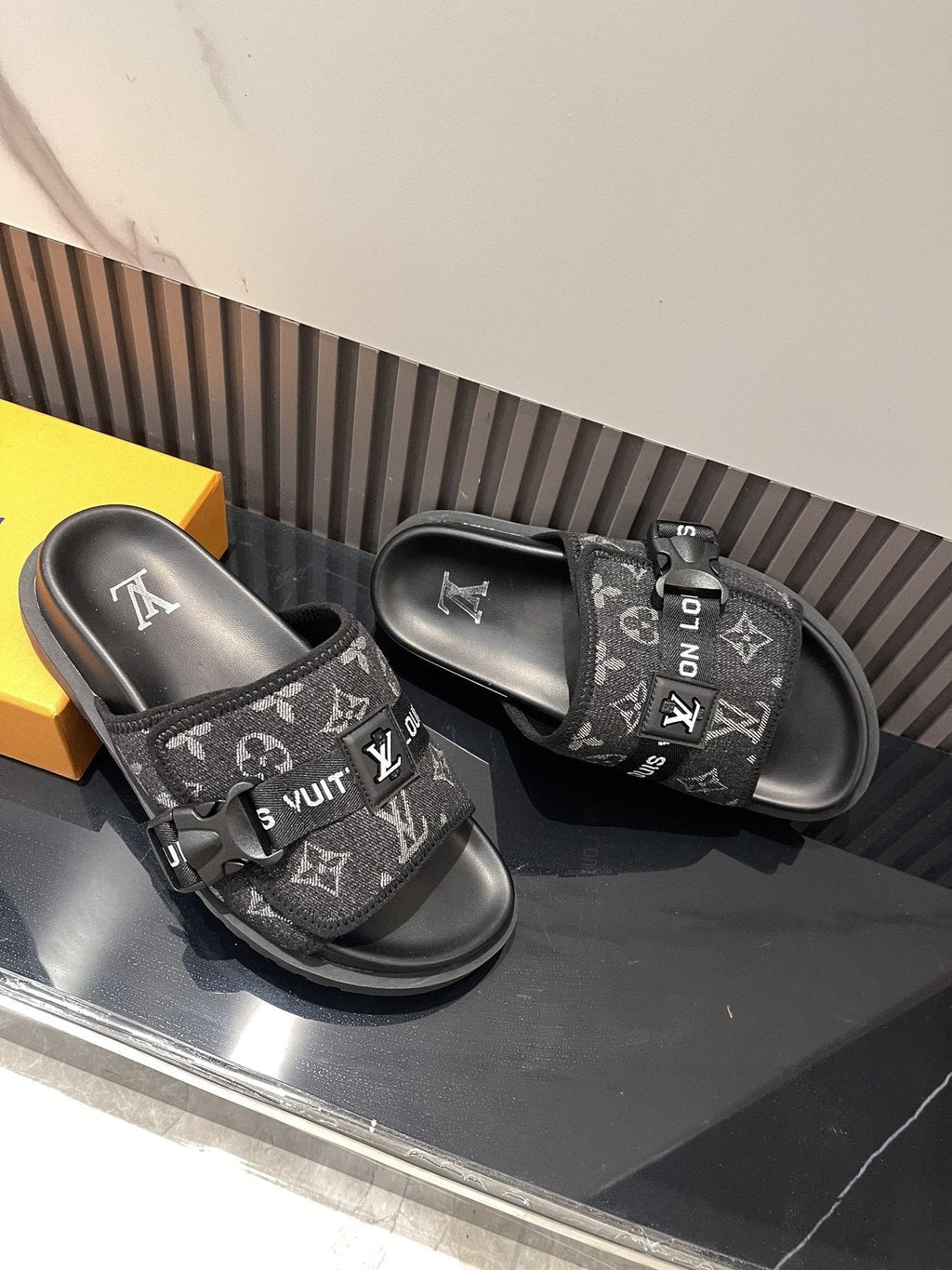 Louis Vuitton Black Monogram Slide Sandals - Open Toe