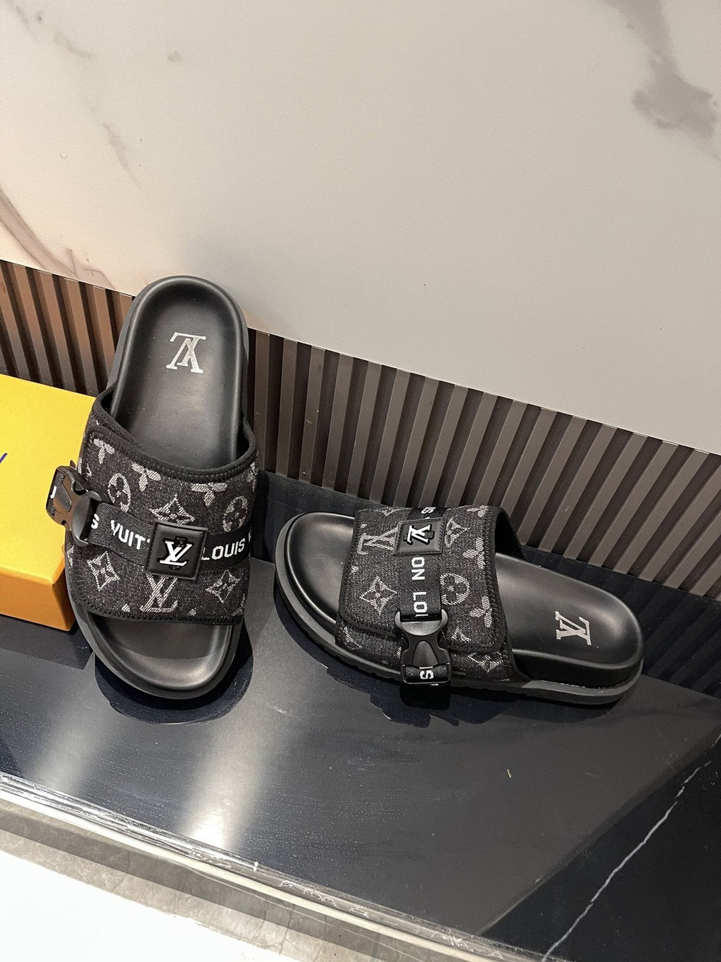 Louis Vuitton Black Monogram Slide Sandals - Open Toe