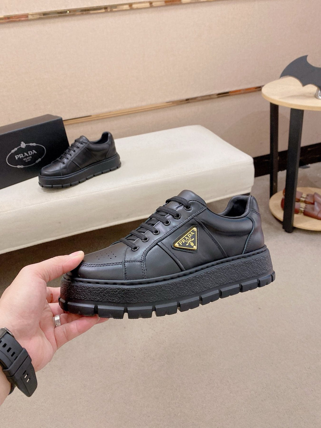 Prada Triangle Plaque Low-Top Sneakers - Lugged Sole