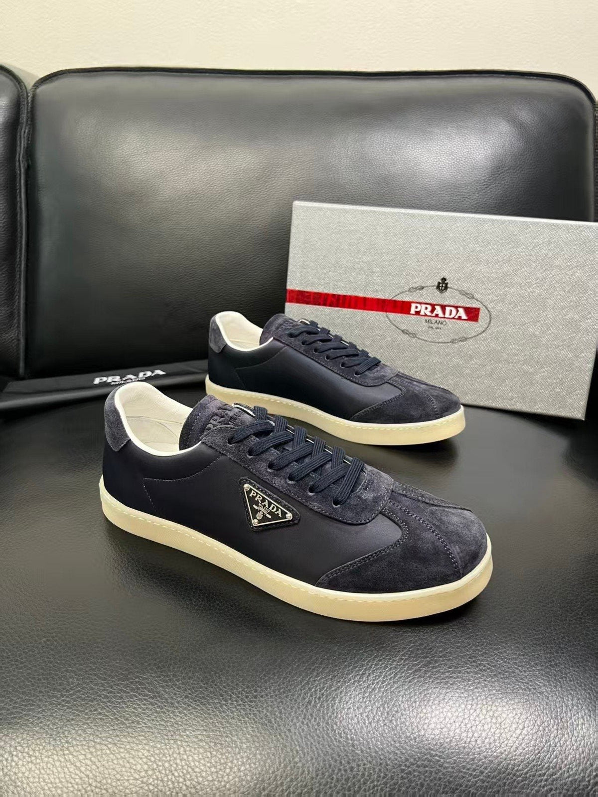 Prada Triangle Logo Low-Top Sneakers - Smooth Leather Upper