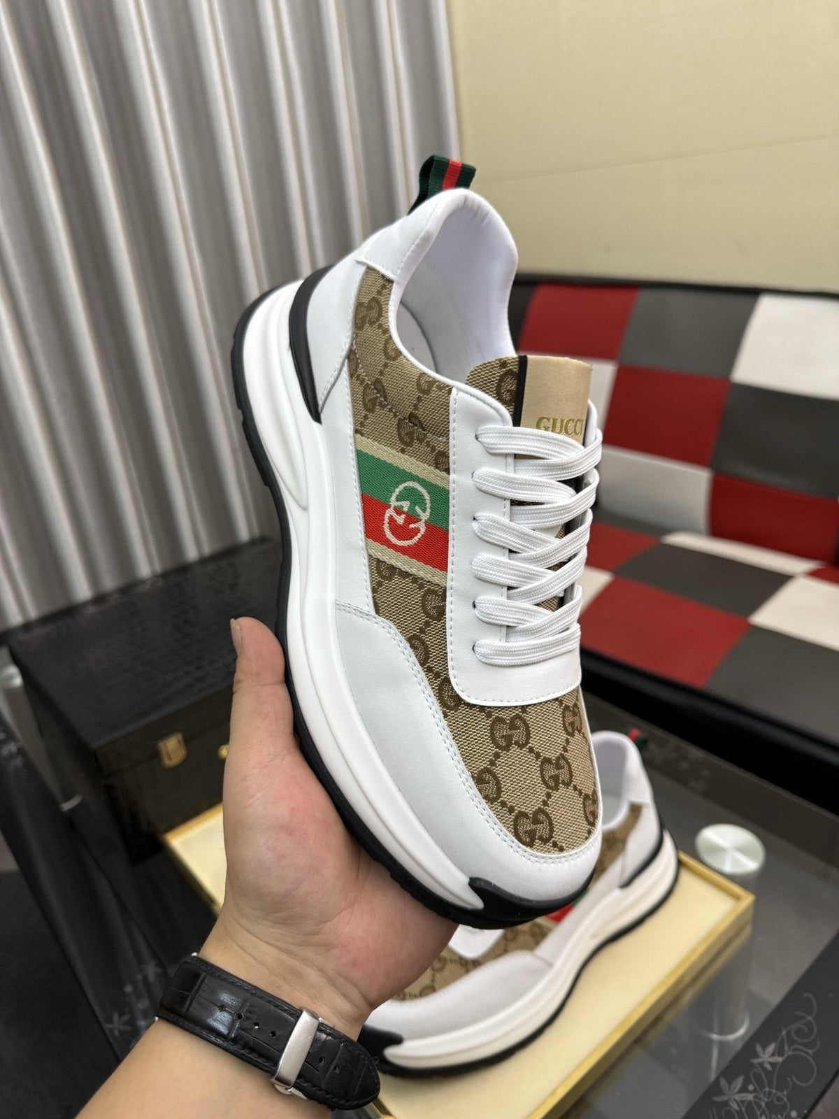 Gucci Men's Monogram Stripe Low-Top Sneakers - Layered Rubber Sole