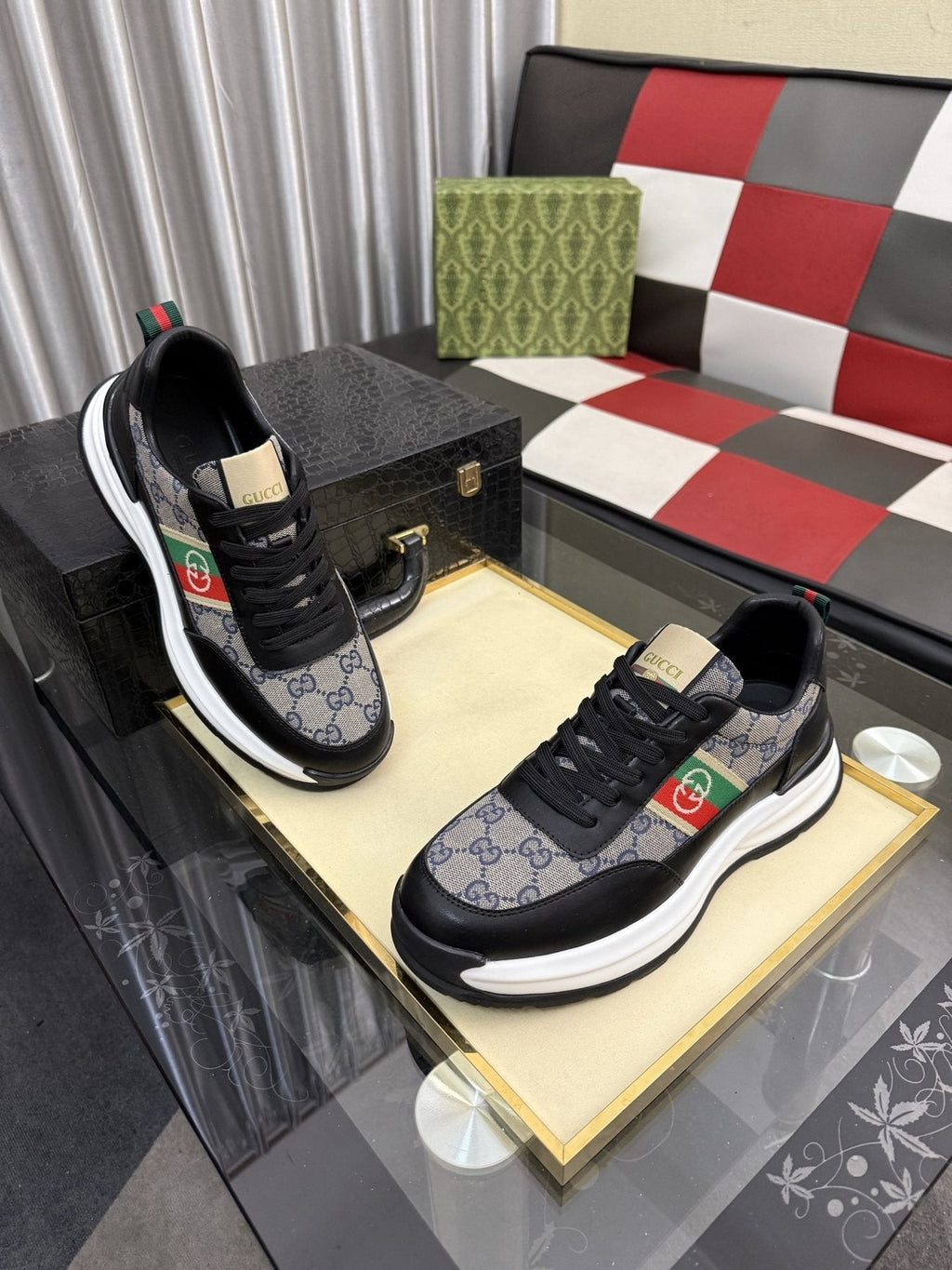 Gucci Men's Monogram Stripe Low-Top Sneakers - Layered Rubber Sole