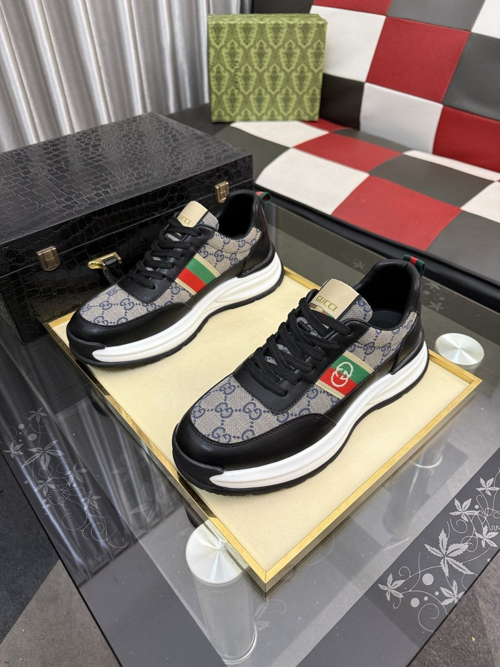 Gucci Men's Monogram Stripe Low-Top Sneakers - Layered Rubber Sole