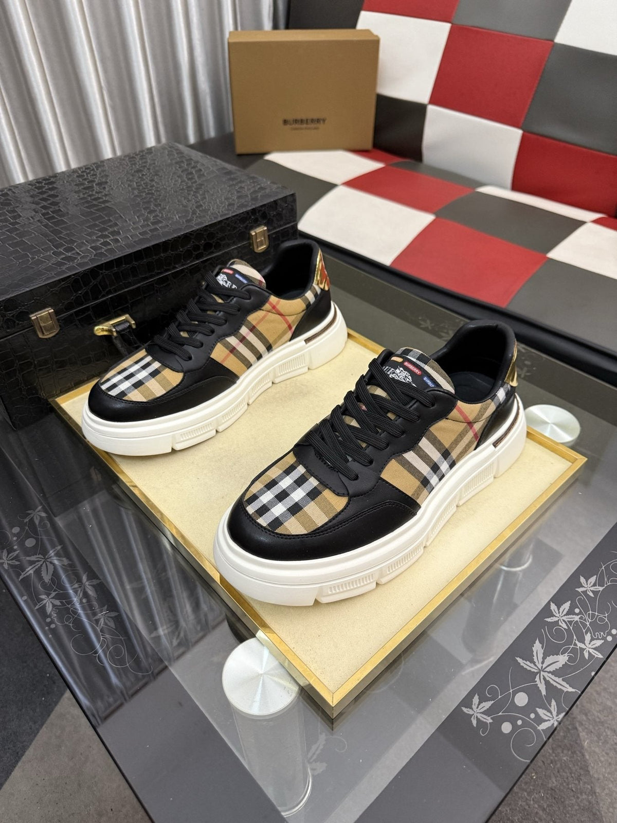 Burberry Men's Plaid Panel Sneakers - Layered Upper Details