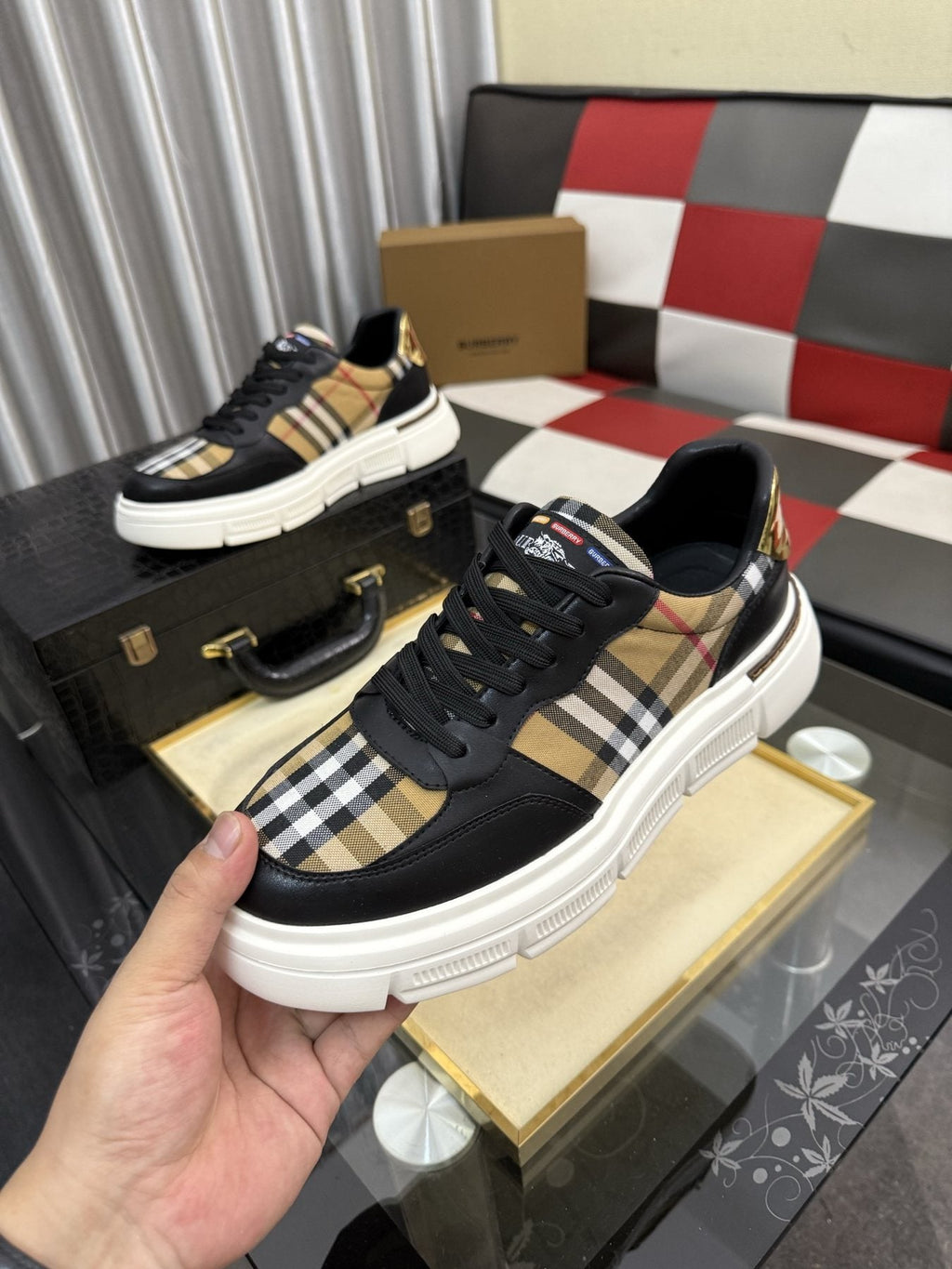 Burberry Men's Plaid Panel Sneakers - Layered Upper Details