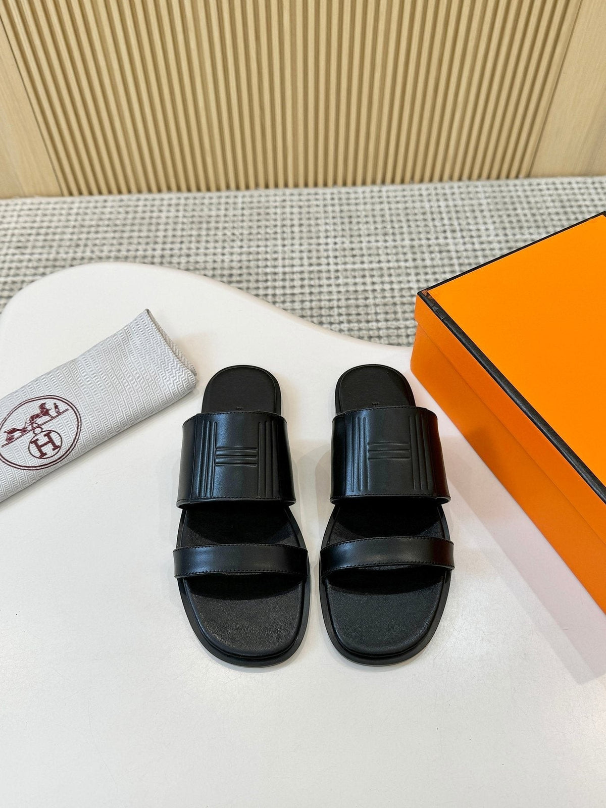 Hermes Ribbed Two-Strap Slide Sandals