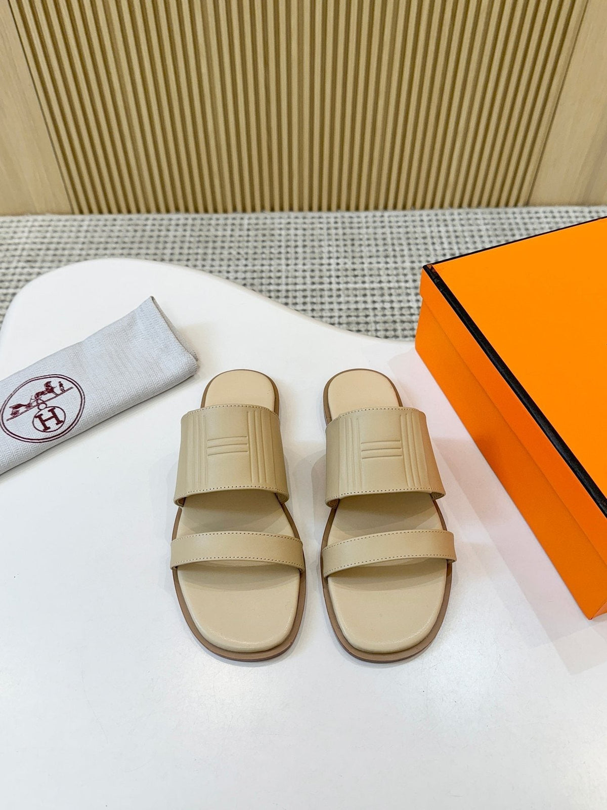 Hermes Ribbed Two-Strap Slide Sandals