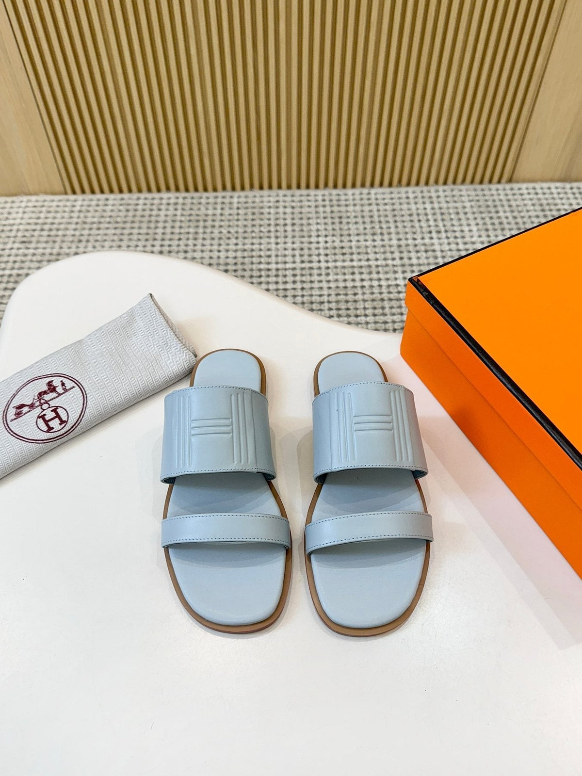 Hermes Ribbed Two-Strap Slide Sandals